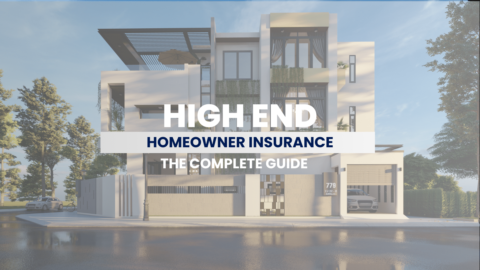 An opulent residence featuring state-of-the-art architecture and surrounded by a pristine garden, representing the type of high value homes covered by high end home insurance. Accompanying text highlights the benefits of comprehensive, customized insurance plans for luxury properties.