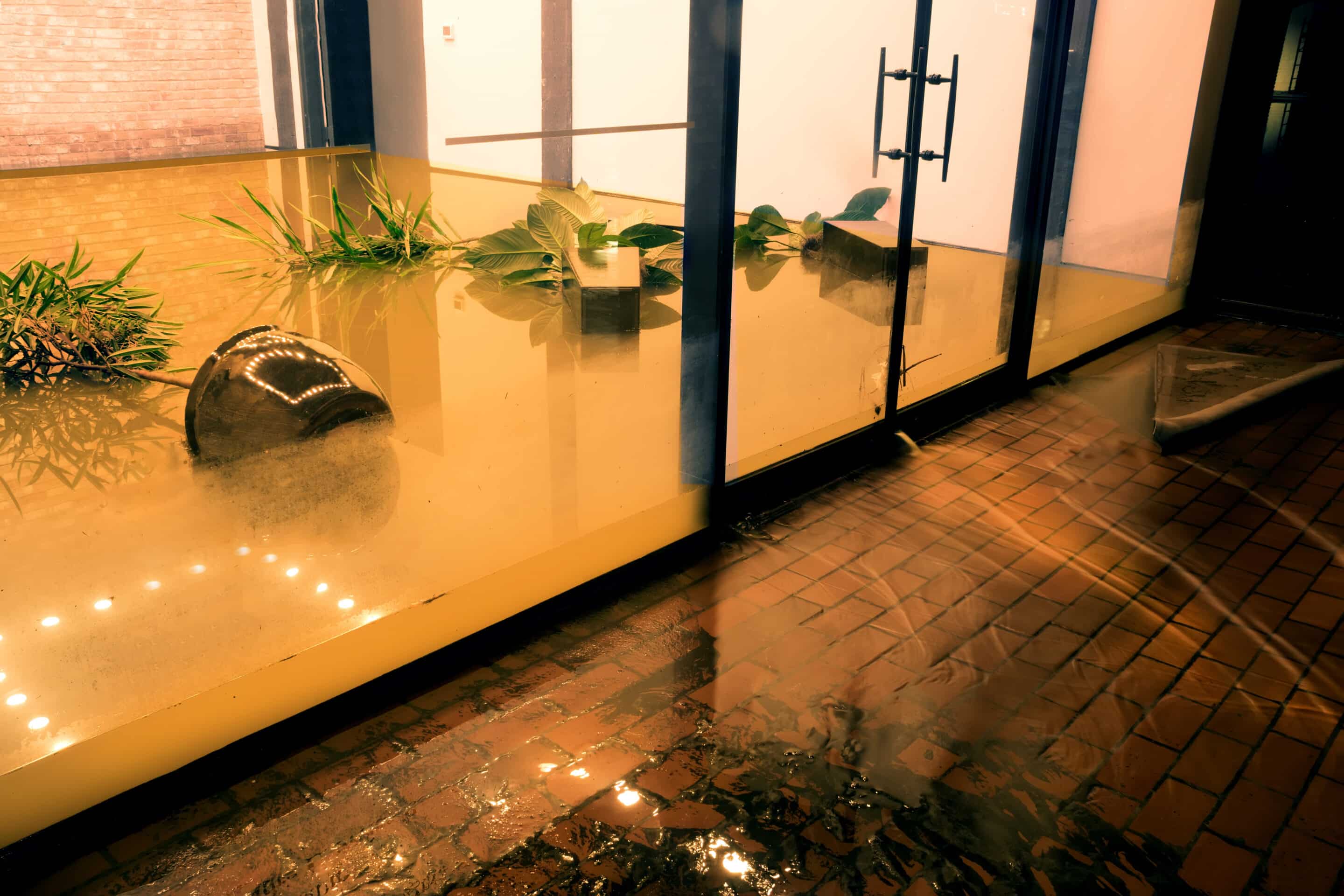 Flooded commercial property with water covering the floor and plants inside, emphasizing the need for updated flood insurance changes in 2024.