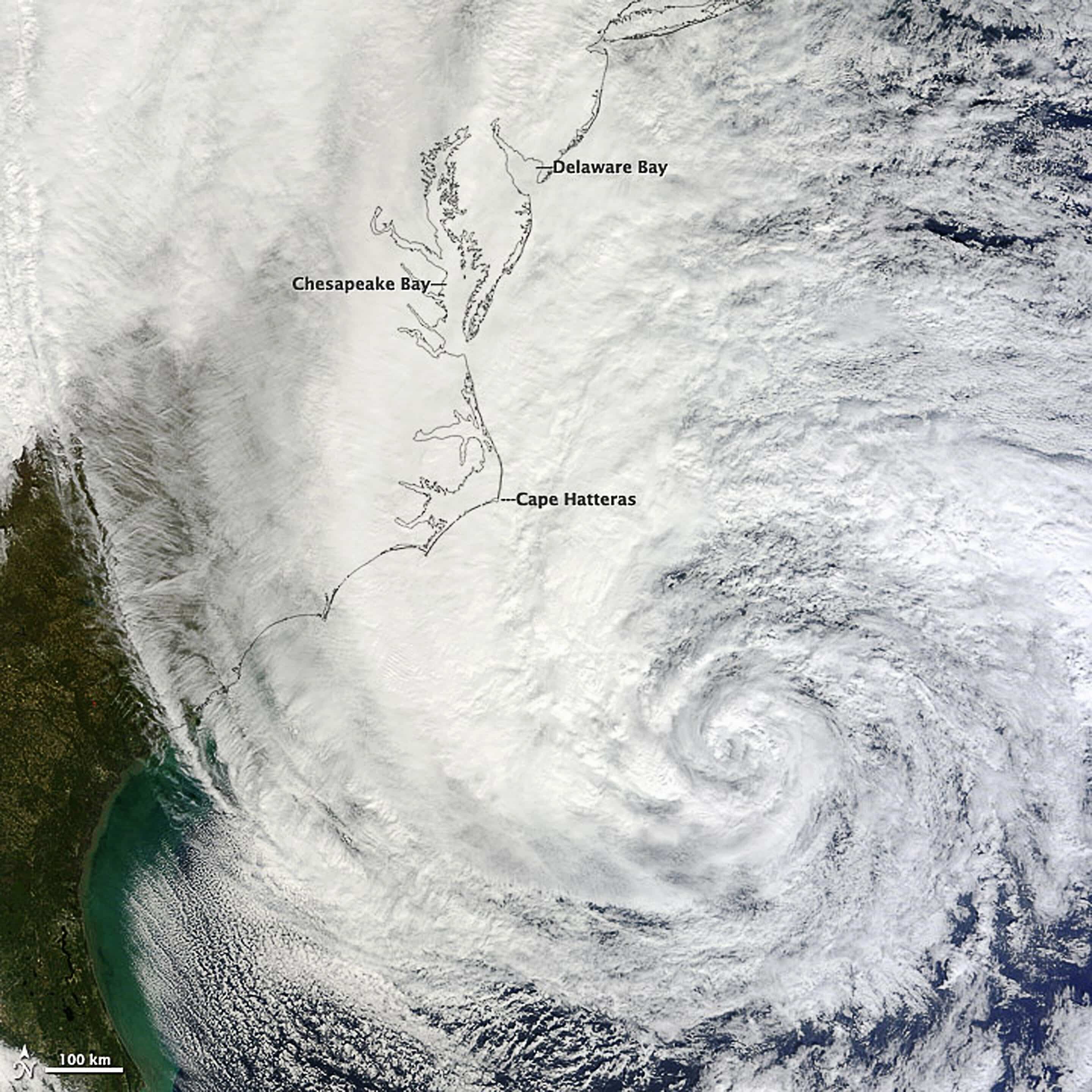 Satellite view of Hurricane Sandy approaching the U.S. East Coast with Delaware Bay labeled.