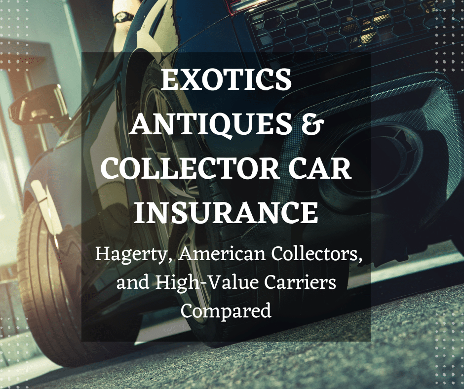 Exotic sports car with overlay text reading “Exotics, Antiques & Collector Car Insurance – Hagerty, American Collectors, and High-Value Carriers Compared.”