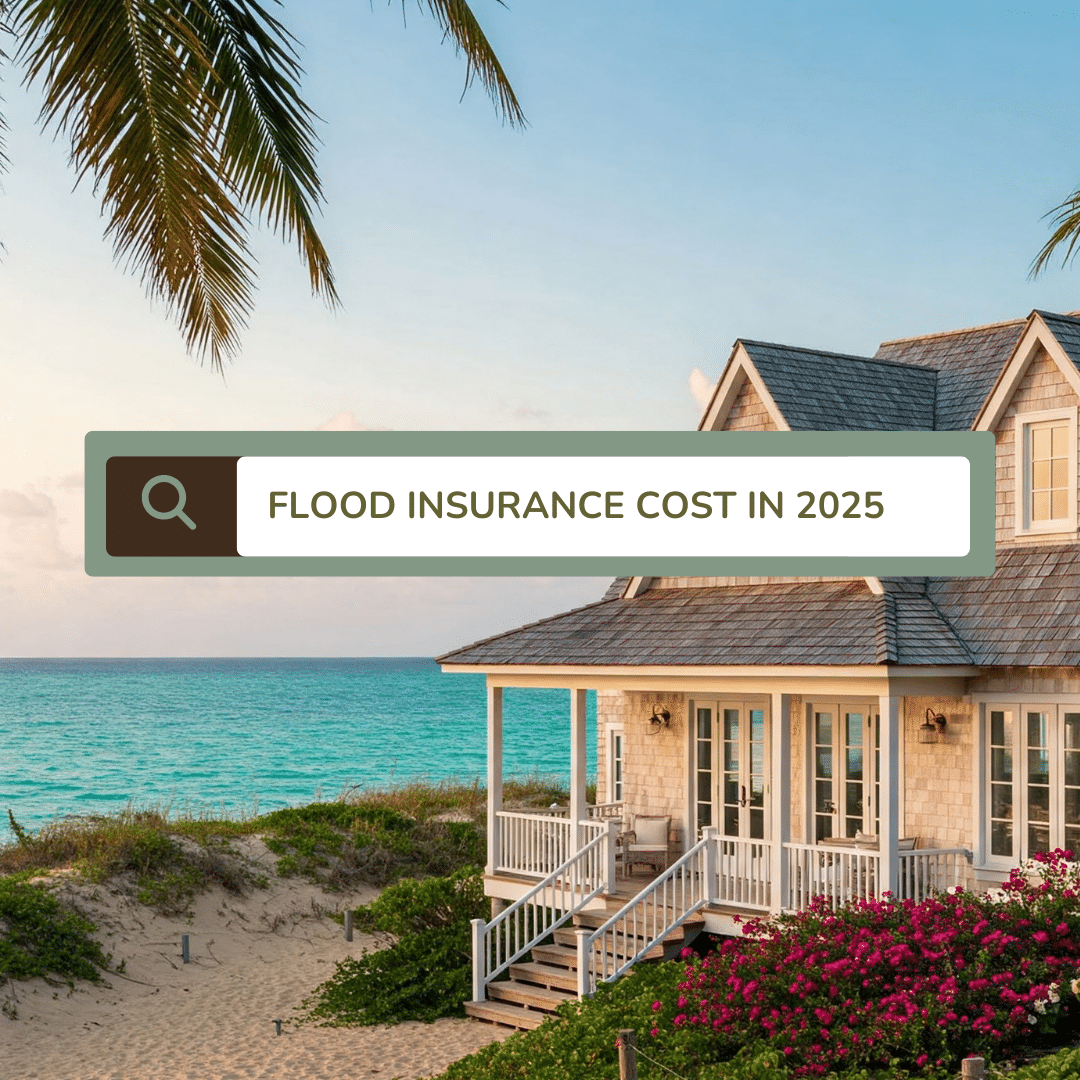 Search bar reading “Flood Insurance Cost in 2025” over a coastal beachfront home