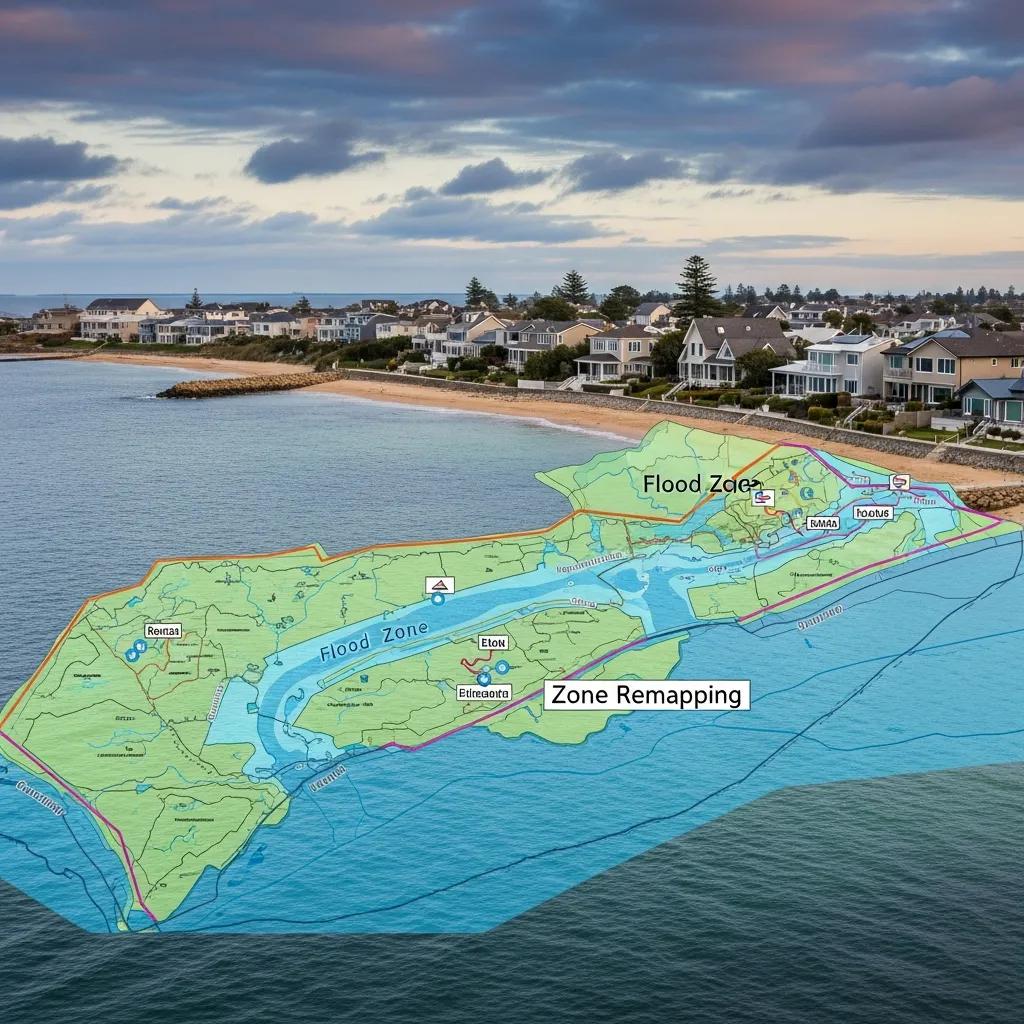 Coastal area with flood zone map overlay highlighting flood risk for homeowners