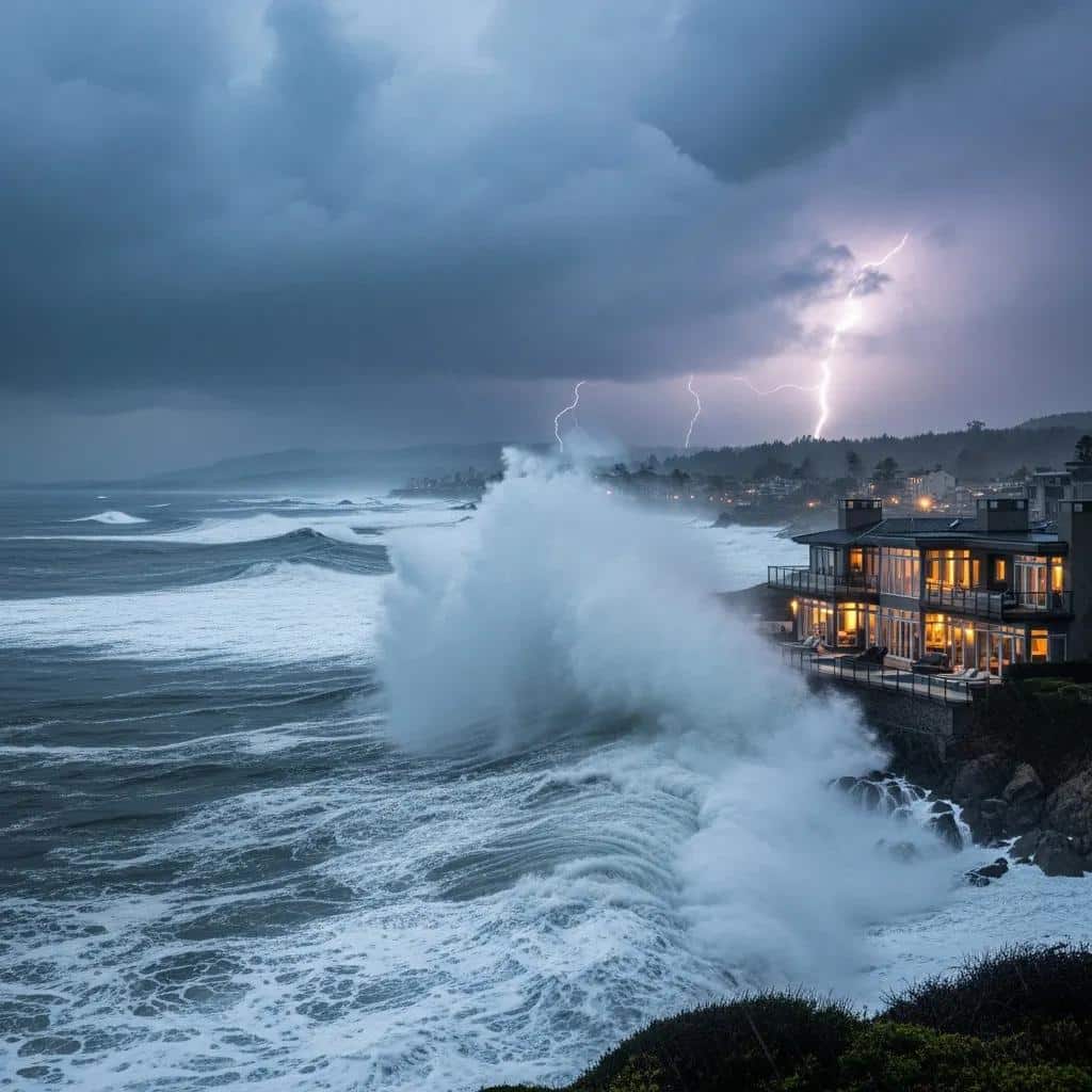 Coastal landscape showing storm risks for luxury homes, emphasizing the need for specialized insurance