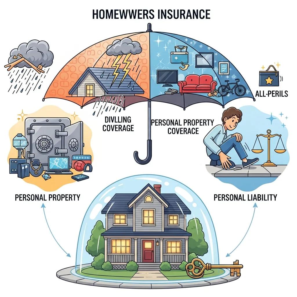 Visual representation of homeowners insurance coverage options including dwelling, personal property, and liability protection