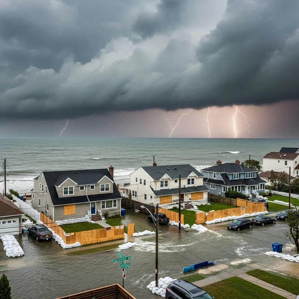 Coastal neighborhood in Bayside NY during a storm highlighting flood risks