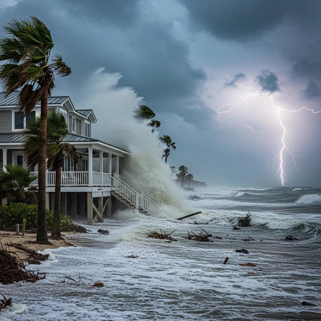 Coastal property facing risks of flooding and storm damage, highlighting insurance needs