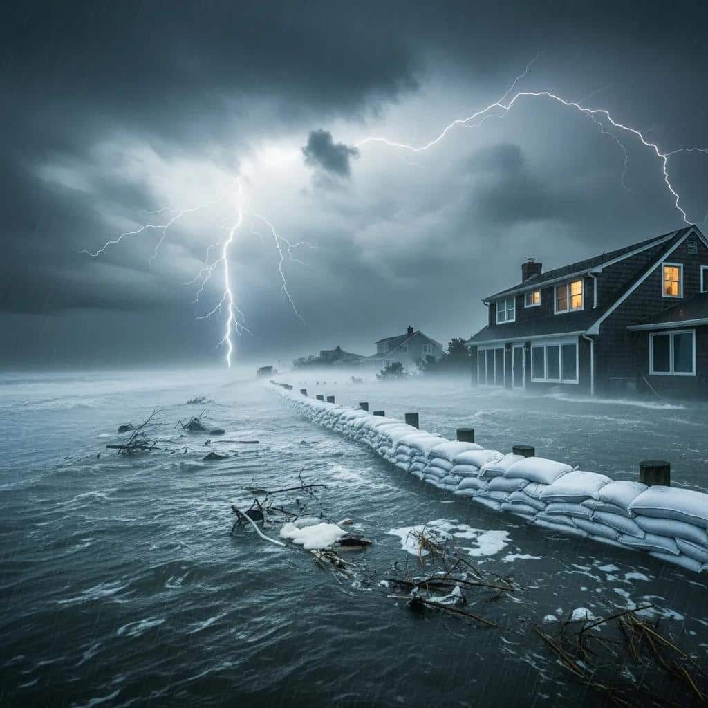 Coastal property in Hempstead during a storm emphasizing the need for flood insurance