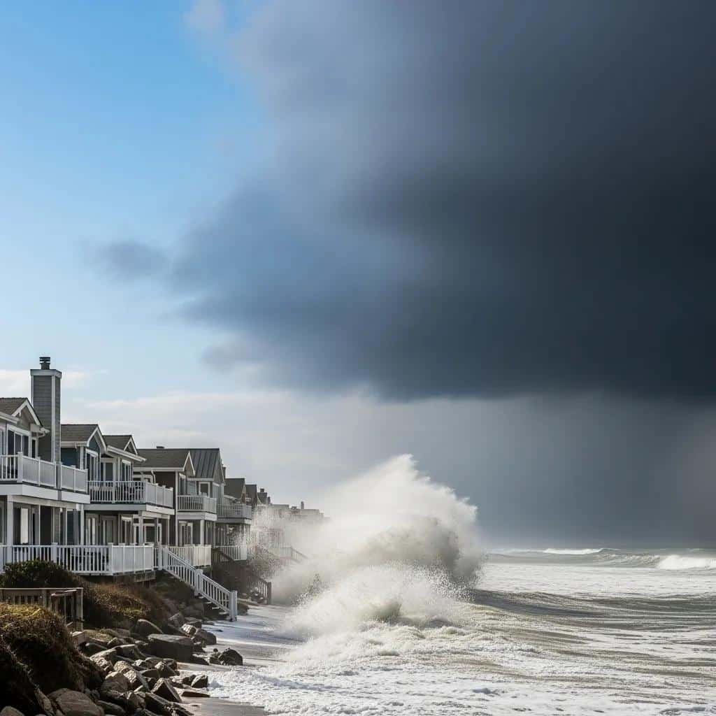 Coastal storm approaching homes, emphasizing the need for specialized homeowners insurance