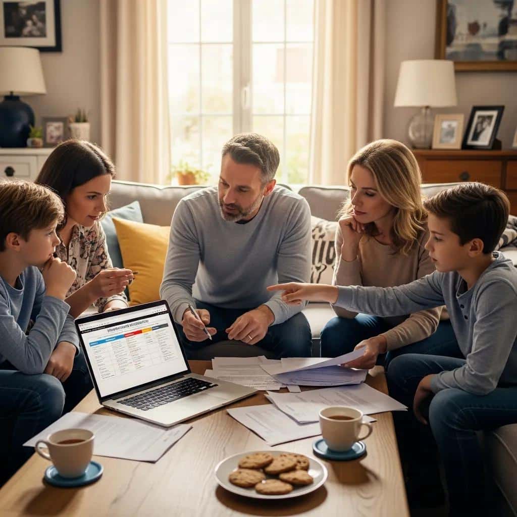 Family discussing homeowners insurance options in a cozy living room