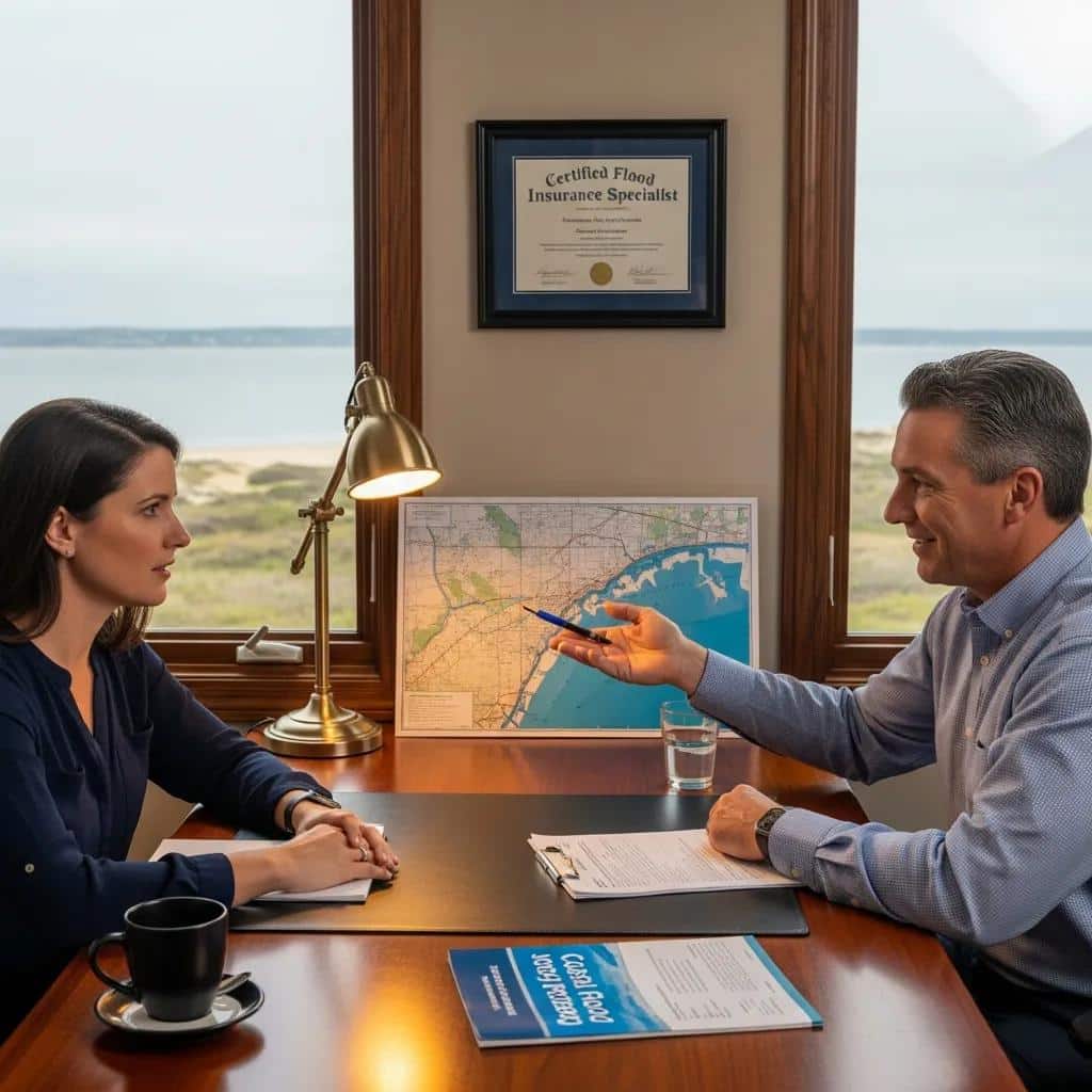 Homeowner consulting with insurance agent about flood insurance solutions for coastal properties