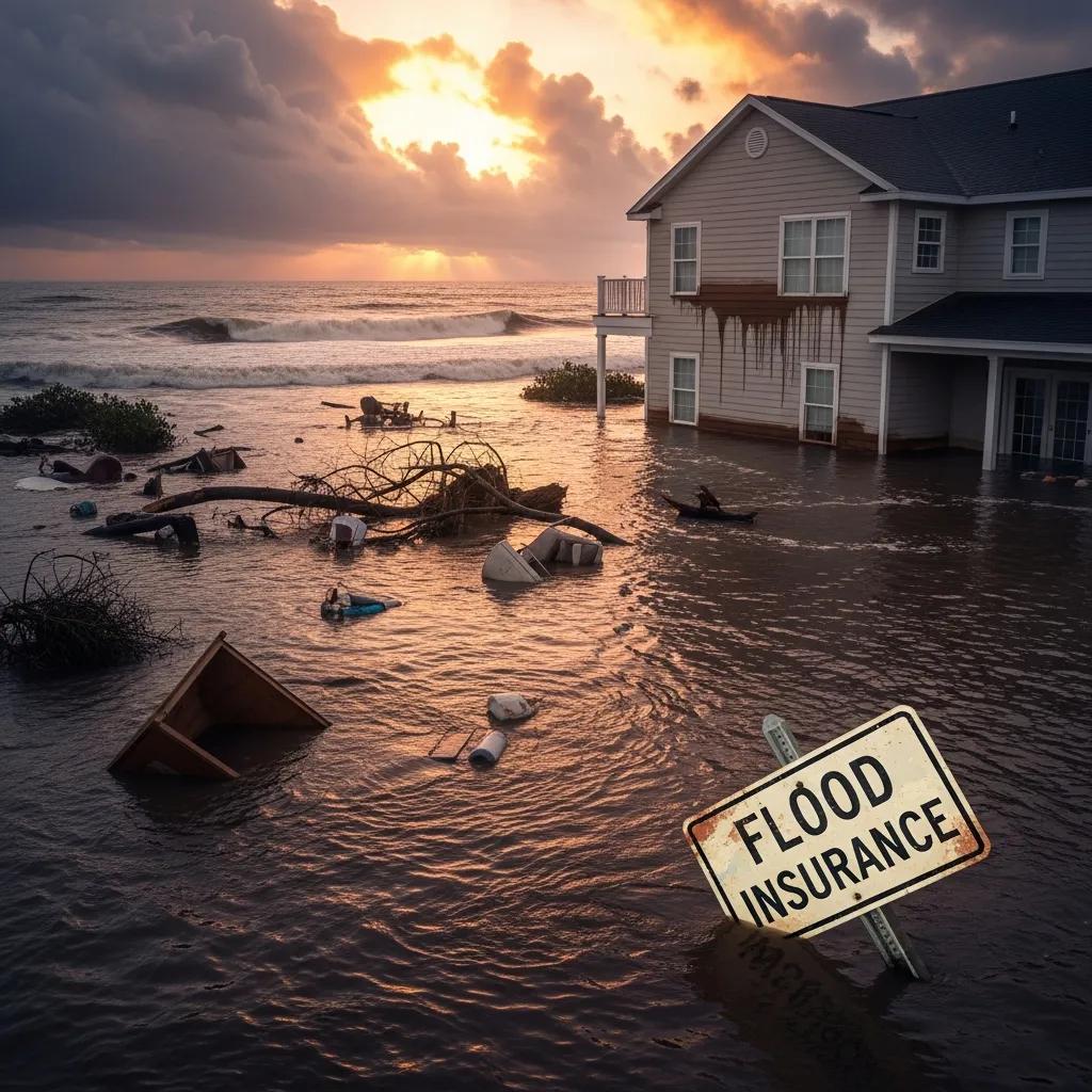 Residential area affected by flooding, highlighting the need for specialized flood insurance in coastal Floral Park