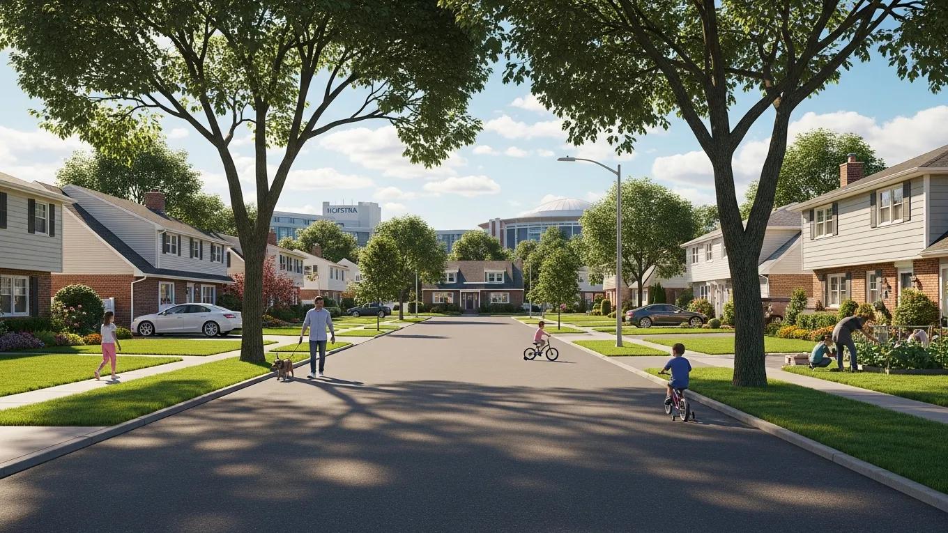 Charming suburban street view of Uniondale NY with homes and vibrant community life