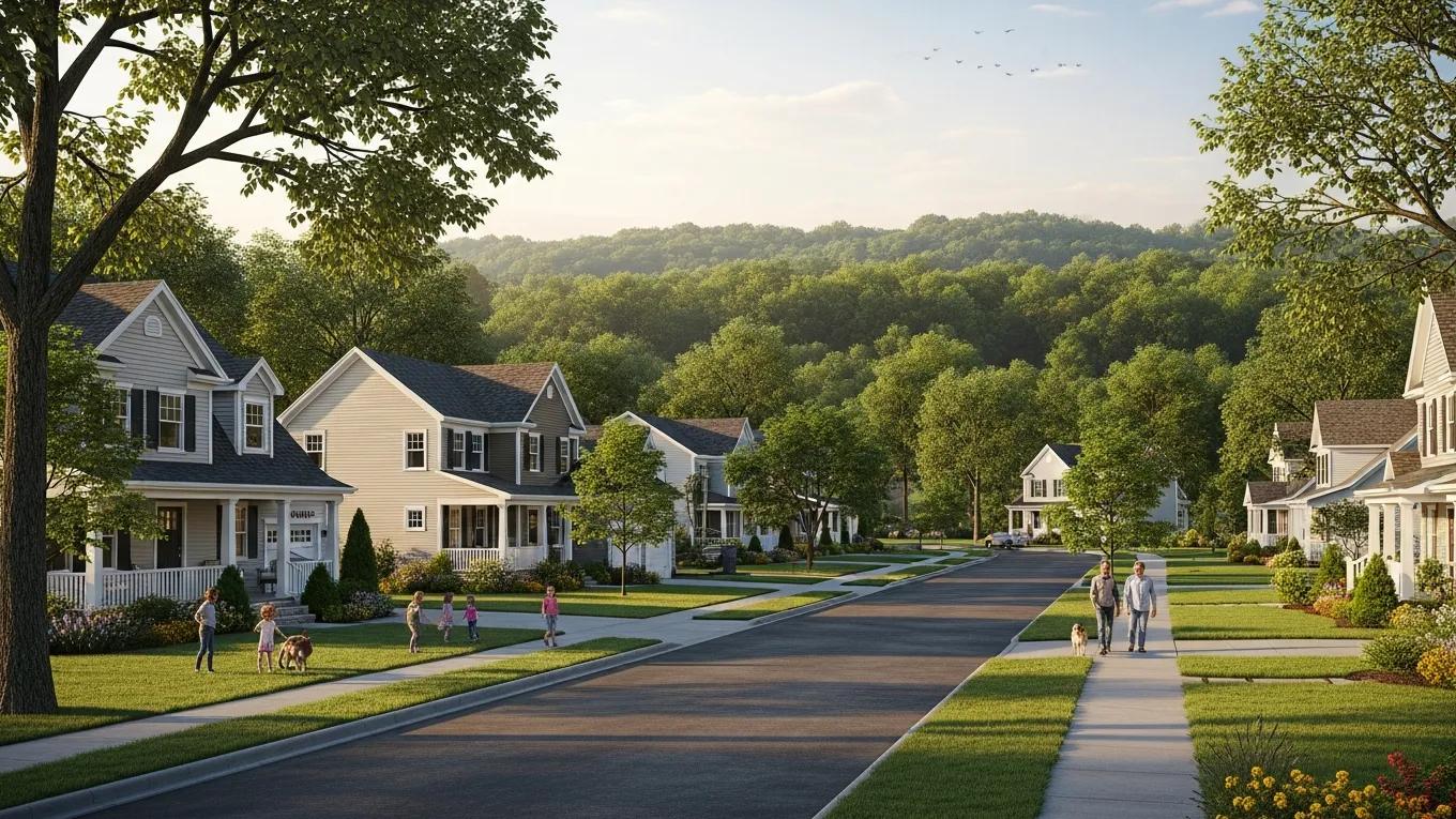 Suburban neighborhood in Roosevelt, NY with charming homes and nature